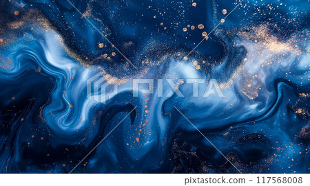 Abstract Dark Blue Alcohol Ink Art Background with Shimmering Glitter Swirls. Generative AI 117568008