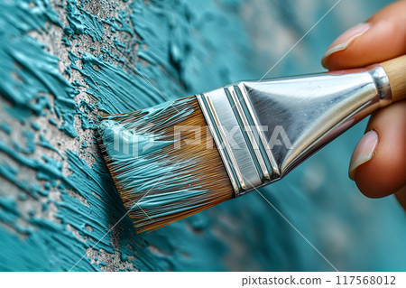 Womans Hand Painting With Brush, Oil Colors on Vibrant Abstract Canvas. Generative AI 117568012