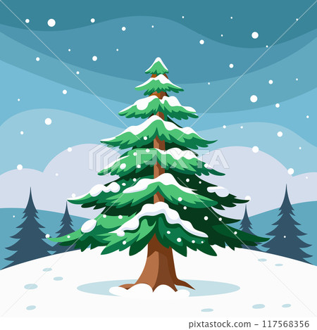 Winter landscape, snow-covered spruce tree in winter forest. Holiday illustration in flat style Winter landscape, snow-covered spruce tree in winter forest. Holiday illustration in flat style 117568356