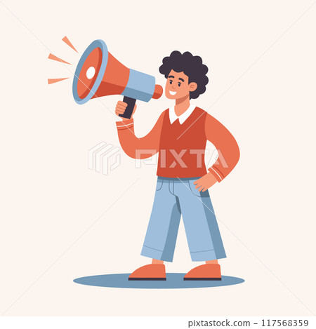 Speaker with megaphone, loudspeaker. Person with megaphone in hand, announcement, call, advertisement, information. Illustration Speaker with megaphone, loudspeaker. Person with megaphone in hand, announcement, call, advertisement, information. Illustration 117568359