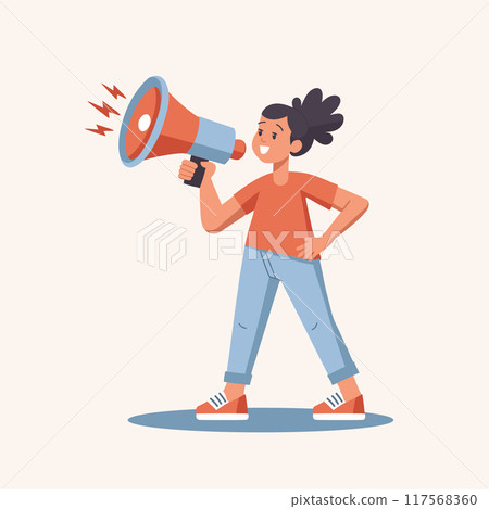 Speaker with megaphone, loudspeaker. Person with megaphone in hand, announcement, call, advertisement, information. Illustration 117568360