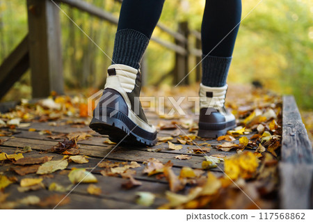 Women's feet in boots go along a wooden walking path in the autumn forest. Women's feet in boots go along a wooden walking path in the autumn forest. 117568862