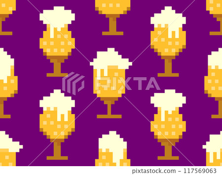 Seamless pattern with beer glasses in pixel style. 8 bit beer mug with foam. Pixel beer in 8-bit retro graphics style of 80s and 90s. Design for banners and posters. Vector illustration 117569063