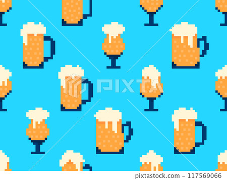 Seamless pattern with beer glasses in pixel style. 8 bit beer mug with foam. Pixel beer in 8-bit retro graphics style of 80s and 90s. Design for banners and posters. Vector illustration 117569066