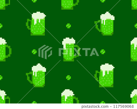 Seamless pattern with beer glasses in pixel style. 8 bit beer mug with foam. Pixel beer in 8-bit retro graphics style of 80s and 90s. Design for banners and posters. Vector illustration 117569068