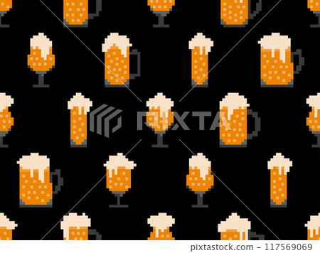 Seamless pattern with beer glasses in pixel style. 8 bit beer mug with foam. Pixel beer in 8-bit retro graphics style of 80s and 90s. Design for banners and posters. Vector illustration 117569069