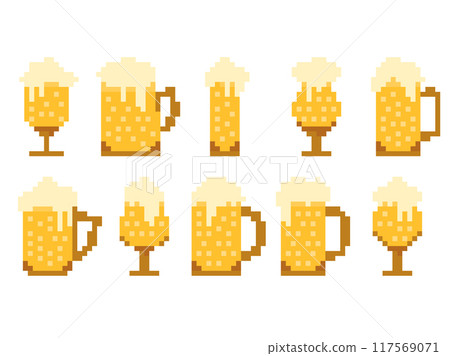 Set of beer glasses in pixel style isolated on white background. 8 bit beer mug with foam. Pixel beer in 8-bit retro graphics style of 80s and 90s. Design for banners and posters. Vector illustration 117569071