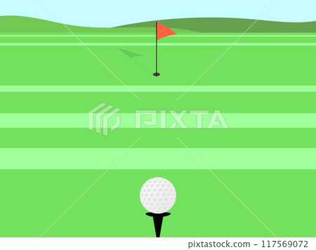 Playing golf. Green golf course with ball in foreground and red flag with hole in background. Green striped golf course. Design for banners, posters and advertising products. Vector illustration 117569072