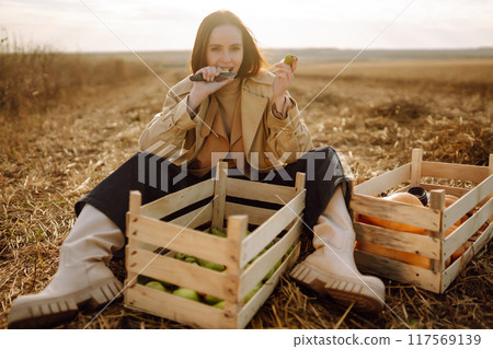 Beautiful woman taking pictures in the autumn field. Autumn harvest. Lifestyle concept. 117569139