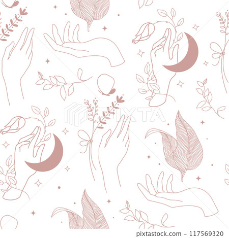 Vector celestial seamless pattern, hands, moon and plants line mystic background. Witch spiritual, care boho print 117569320