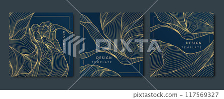 Vector set of wavy gold cards on blue, luxury line art texture, premium flow design. Curve art deco banners, tags, fancy brochures 117569327