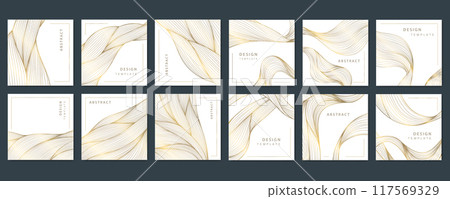 Vector set of wavy gold cards on white, luxury line art texture, premium flow design. Curve art deco banners, tags, fancy brochures 117569329