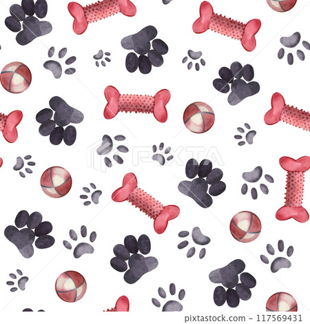 Seamless pattern. Traces of dogs and cats, animal toys, dog bones, balls, all objects are handed manually by watercolor on a white background. Suitable for printing on fabric, paper, packaging. 117569431