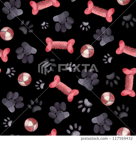 Pets. Traces of dogs and cats, animal toys, dog bones, balls, all objects are handed manually by watercolor. Watercolor seamless pattern. Suitable for printing on fabric, paper, packaging.  117569432