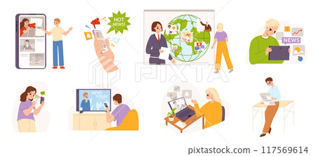People read news. Person reading newspaper, looking tv and internet, surfing mass media and social networks. Different ways to take information, snugly vector set 117569614