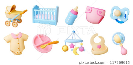 3d baby elements. Baby stroller and cradle, pacifier mobile and plate. Realistic render style newborn icons. Isolated toddler equipment pithy vector set 117569615