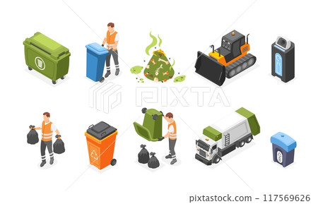 Isometric 3d garbage. Plastic waste containers, tank truck and composting tractor. Recycling industry workers, environmental care flawless vector set Isometric 3d garbage. Plastic waste containers, tank truck and composting tractor. Recycling industry workers, environmental care flawless vector set 117569626
