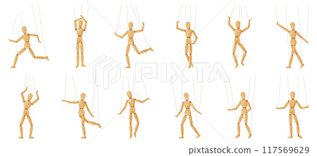 Wooden marionette. Wood puppets in different body poses, gestures and actions. Manikin for art lessons, dolls for artist training snugly vector set 117569629