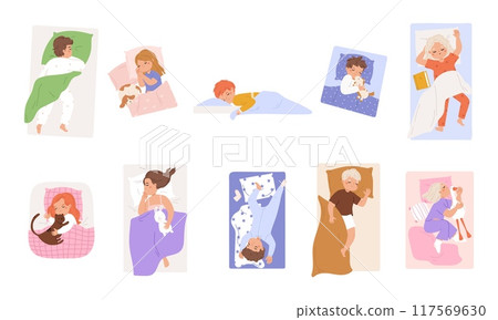 Children sleeping. Boys girls sleep in different poses with toys. Night or day resting toddlers. Cartoon kids dreaming in bed, snugly vector characters 117569630
