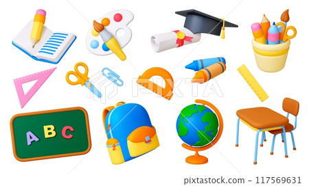 3d school supplies. Education lesson icons render style. Pencil globe school bag diploma scroll graduation hat. Pithy vector realistic collection 117569631