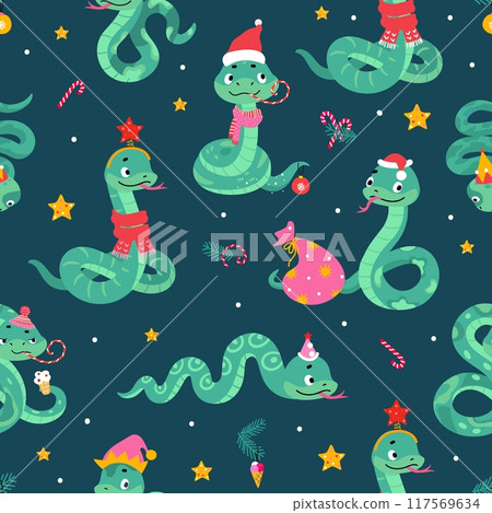 Cute snakes seamless pattern. Christmas new year snake, winter holiday printable template for fabric wrapping posters. Cartoon nowaday vector background 117569634