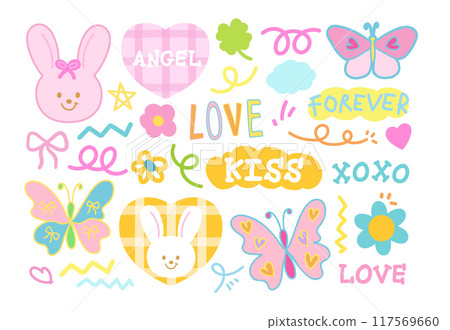 Pastel illustration of bunny, butterfly, clover leaf, flower, pink ribbon, text messages including angel, love, kiss, xoxo, forever for animal, happy easter, cartoon character, comic, mascot, brooch Pastel illustration of bunny, butterfly, clover leaf, flower, pink ribbon, text messages including angel, love, kiss, xoxo, forever for animal, happy easter, cartoon character, comic, mascot, brooch 117569660