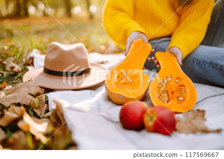 Autumn outdoor picnic at the park. Concept with a plaid blanket picnic, pumpkin and fruits. Autumn outdoor picnic at the park. Concept with a plaid blanket picnic, pumpkin and fruits. 117569667
