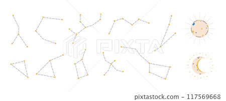 Abstract constellations sun moon. Crescent decorative element with line rays, boho style universe decorations and stars. Isolated flat vector set 117569668