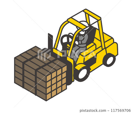 Isometric vector illustration of a worker carrying wood with a forklift 117569706