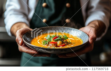 Chef holding a plate of thai Tom Yum soup, traditional seafood dish with coconut milk and chili pepper, AI generated 117569718