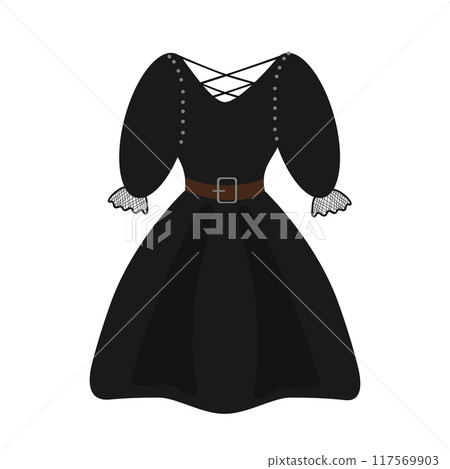 Cartoon black witch dress. Halloween costume isolated design element. Black gothic witch dress. Vector illustration Cartoon black witch dress. Halloween costume isolated design element. Black gothic witch dress. Vector illustration 117569903
