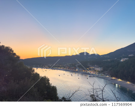 Top view of turquoise beautiful beach Valtos in Parga. Summer Greek holidays Top view of turquoise beautiful beach Valtos in Parga. Summer Greek holidays 117569904