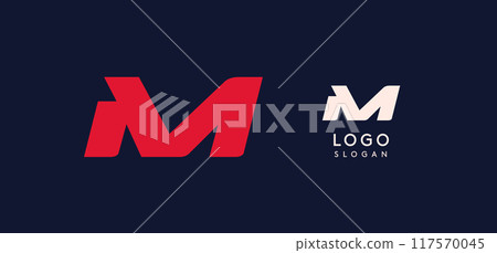 Wide bold red letter M, modern dynamic logo for business identity of technological, automotive and sports business. Vector illustration. 117570045