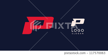 Wide bold red letter P, modern dynamic logo for business identity of technological, automotive and sports business. Vector illustration. Wide bold red letter P, modern dynamic logo for business identity of technological, automotive and sports business. Vector illustration. 117570063