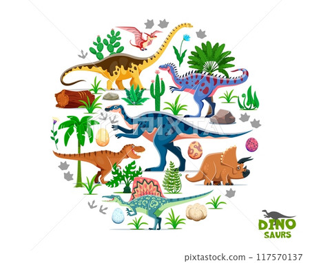 Prehistoric dinosaurs and dino eggs of Jurassic era and funny lizard characters, cartoon vector. Funny dinosaur mothers with eggs of T-rex tyrannosaurus, triceraptors or spinosaurus with pteranodon 117570137