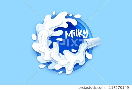 Paper cut milk glass with drink flow wave, splash and drops, vector dairy farm food and beverage. 3d origami art white circle swirl, paper cut milk pouring from glass cup in round layered frame Paper cut milk glass with drink flow wave, splash and drops, vector dairy farm food and beverage. 3d origami art white circle swirl, paper cut milk pouring from glass cup in round layered frame 117570149
