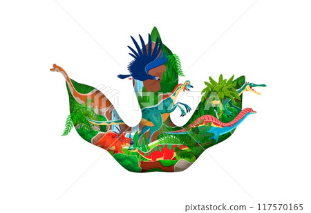 Prehistoric dinosaur footprint paper cut banner with cartoon dino animal characters and jurassic jungle forest. Vector 3d origami dinosaur footprint frame with styracosaurus, oviraptor and suchomimus Prehistoric dinosaur footprint paper cut banner with cartoon dino animal characters and jurassic jungle forest. Vector 3d origami dinosaur footprint frame with styracosaurus, oviraptor and suchomimus 117570165