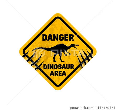 Dinosaur warning sign, danger Spinosaurus silhouette on attention mark, vector caution banner. Danger zone and dinosaur area yellow sign with dinosaur claw scratch fissures on warning grunge signboard 117570171