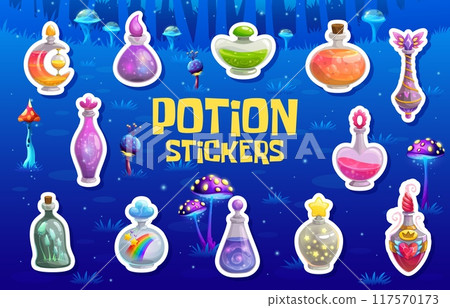 Halloween magic potion bottle stickers for horror night holiday, cartoon vector icons. Halloween trick or treat party stickers of witch magic potion in bottles with liquid spell elixir of mushrooms Halloween magic potion bottle stickers for horror night holiday, cartoon vector icons. Halloween trick or treat party stickers of witch magic potion in bottles with liquid spell elixir of mushrooms 117570173