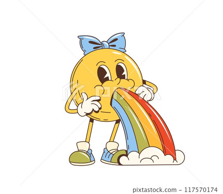 Cartoon groovy vomiting emoticon character with rainbow barf, vector funky emoji. Retro cartoon groovy or 70s hippie, funky pop art or psychedelic smile emoticon with bow, vomiting rainbow in clouds Cartoon groovy vomiting emoticon character with rainbow barf, vector funky emoji. Retro cartoon groovy or 70s hippie, funky pop art or psychedelic smile emoticon with bow, vomiting rainbow in clouds 117570174