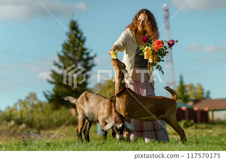 A woman is feeding goats on a farm, surrounded by nature, holding a bouquet of flowers. The scene captures the essence of rural life and organic farming A woman is feeding goats on a farm, surrounded by nature, holding a bouquet of flowers. The scene captures the essence of rural life and organic farming 117570175