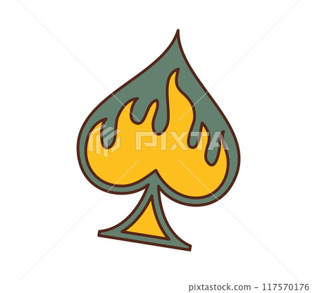Casino cartoon groovy spades card icon for gambling poker game, vector symbol. Casino poker jackpot or slot machine lucky spin icon of spades with fire flame for gamble sign in groovy cartoon art 117570176
