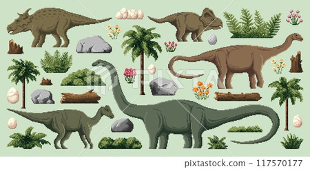 8 bit pixel art prehistoric dinosaurs, game asset. Vector set of dino species and natural environment elements in vintage videogame blocky style. Plants, rocks, eggs, palm trees, logs or ferns 8 bit pixel art prehistoric dinosaurs, game asset. Vector set of dino species and natural environment elements in vintage videogame blocky style. Plants, rocks, eggs, palm trees, logs or ferns 117570177