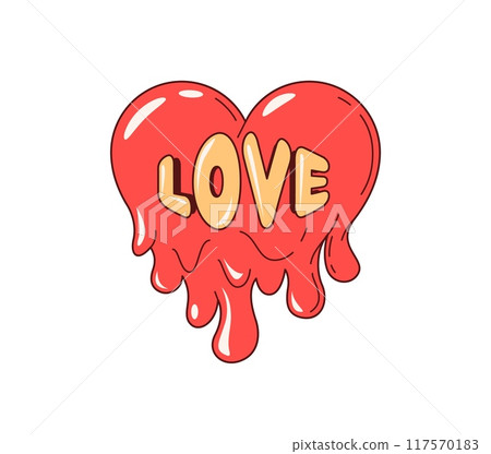 Retro y2k groovy love heart. Cartoon red melting hippie heart with drips in nostalgic psychedelic style of 60s. Isolated vector symbol of Valentines day, drug trip, love, romantic vibes or passion 117570183