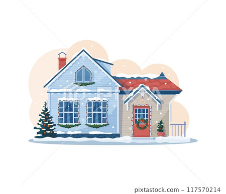 Christmas winter house facade exterior, adorned with twinkling lights and festive wreaths. Isolated vector charming countryside cottage welcomes with snow-covered roof, windows, and cozy holiday decor 117570214
