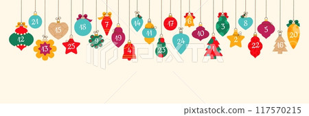 Christmas bauble advent calendar holiday garland. Isolated cartoon vector festive winter countdown decor with colorful xmas toys, hanging on string, represent days lead to seasonal event celebration 117570215