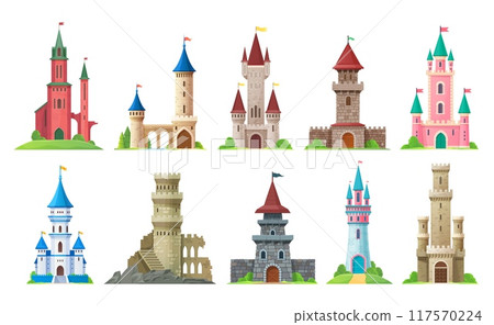 Cartoon castle, kingdom palace and fairytale fortress set with towers and flags. Vector buildings of fairy tale princess palace, king castle and knight fortress or citadel with color stone walls 117570224
