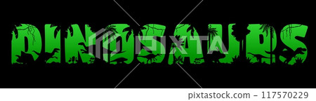 Dinosaurs jungle forest sunset silhouette with Jurassic park prehistoric lizards, vector background. Dinosaurs era letters banner with Tyrannosaurus T-rex, velociraptor and dino reptiles in jungles 117570229