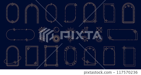 Y2K celestial frames, arches and border elements in minimal golden line, vector geometric shapes. Y2K star twinkles with celestial crescent moon and sun for esoteric Tarot or magic occult frames Y2K celestial frames, arches and border elements in minimal golden line, vector geometric shapes. Y2K star twinkles with celestial crescent moon and sun for esoteric Tarot or magic occult frames 117570236