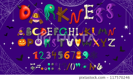 Cartoon Halloween font, holiday scary type with spooky typeface alphabet, vector English letters. Halloween holiday font of spooky characters in letters with boo ghost, witch and zombie in spiderweb Cartoon Halloween font, holiday scary type with spooky typeface alphabet, vector English letters. Halloween holiday font of spooky characters in letters with boo ghost, witch and zombie in spiderweb 117570246